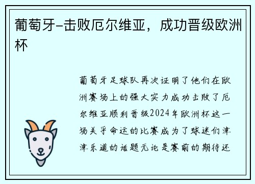 葡萄牙-击败厄尔维亚，成功晋级欧洲杯