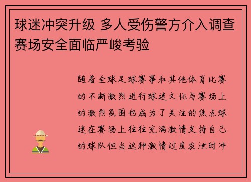 球迷冲突升级 多人受伤警方介入调查赛场安全面临严峻考验