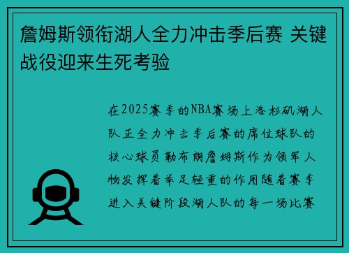 詹姆斯领衔湖人全力冲击季后赛 关键战役迎来生死考验